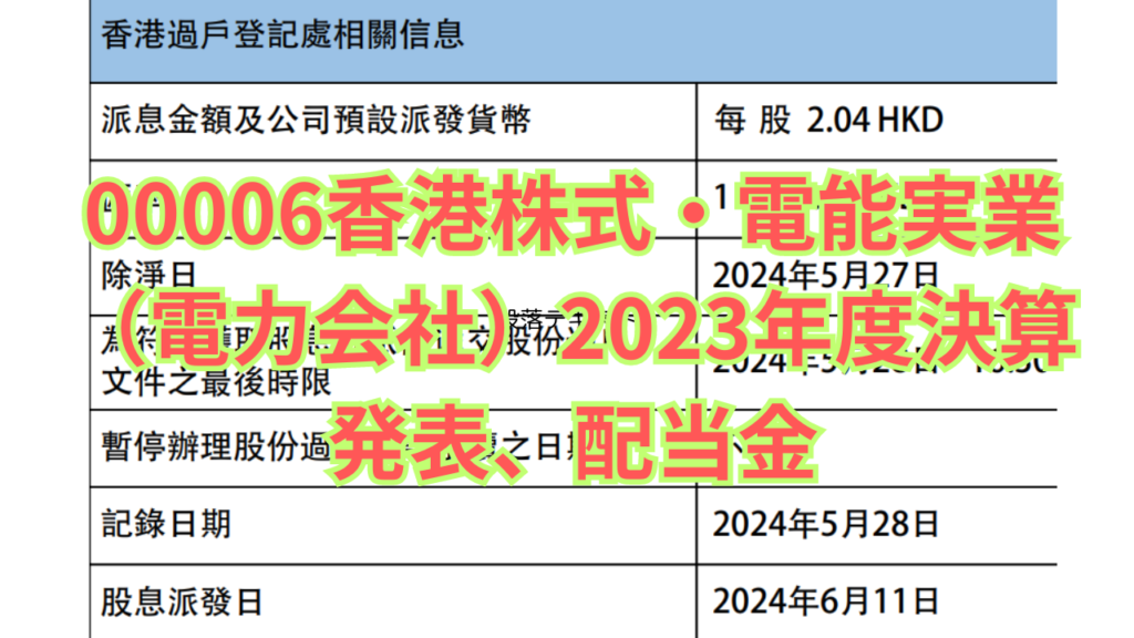 00006香港株式・電能実業（電力会社）2023年度決算発表、配当金　00006Hong Kong Stock/Energy Industry (Electric Power Company) 2023 Earnings Announcement, Dividends